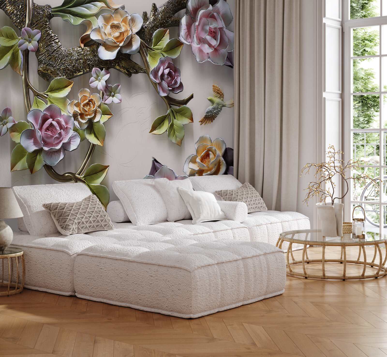 Fotobehang de gekleurde rozen op de takken zijn prachtig