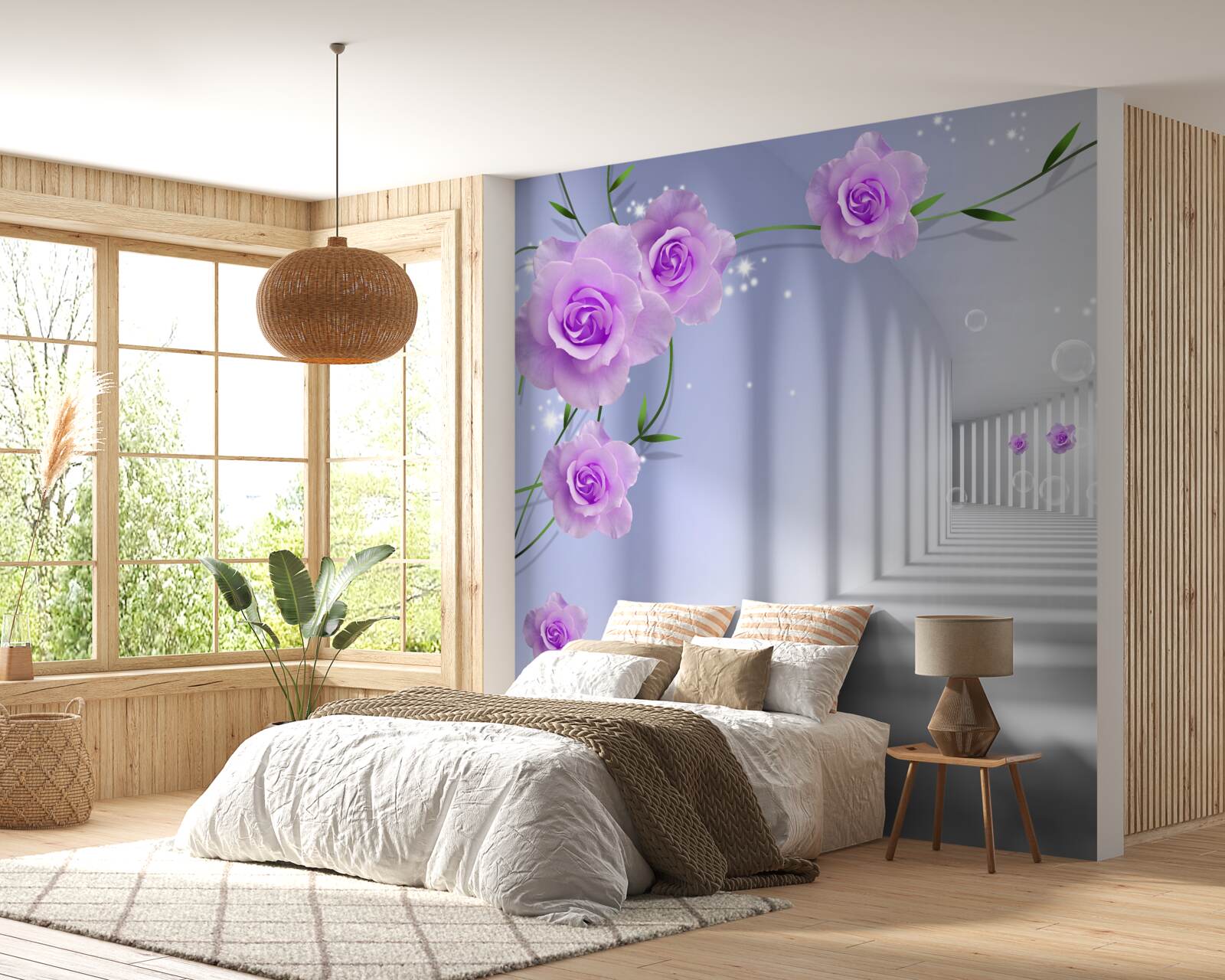 Fotobehang paarse theeroos op takken