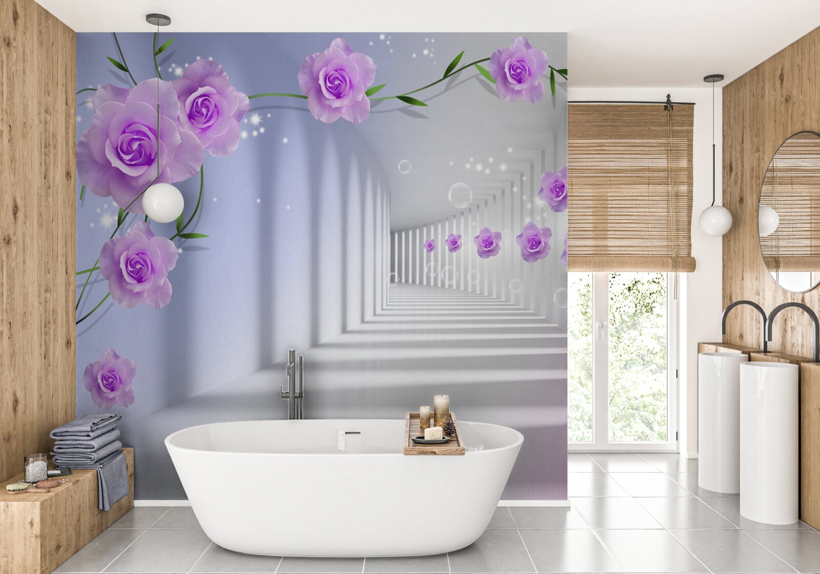 Fotobehang paarse theeroos op takken