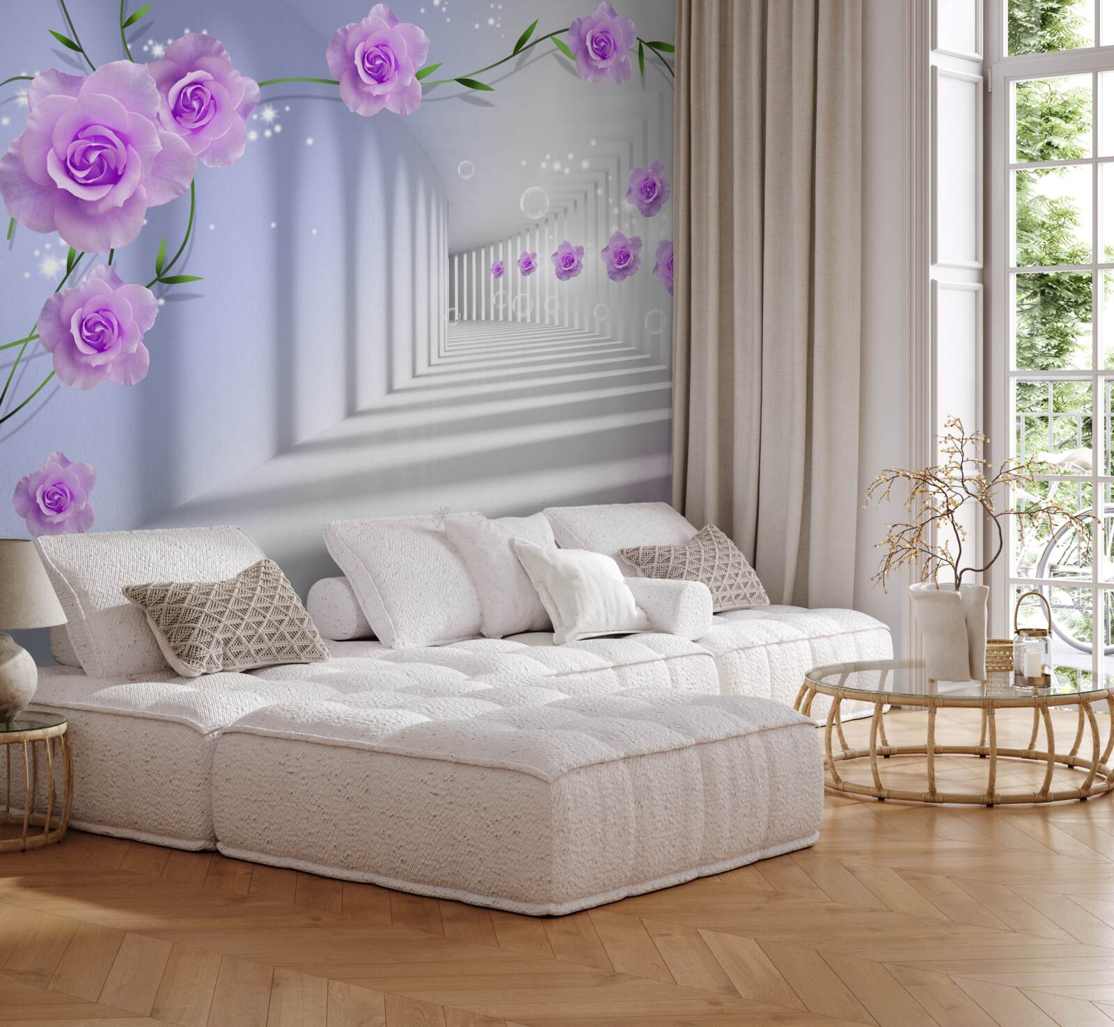 Fotobehang paarse theeroos op takken