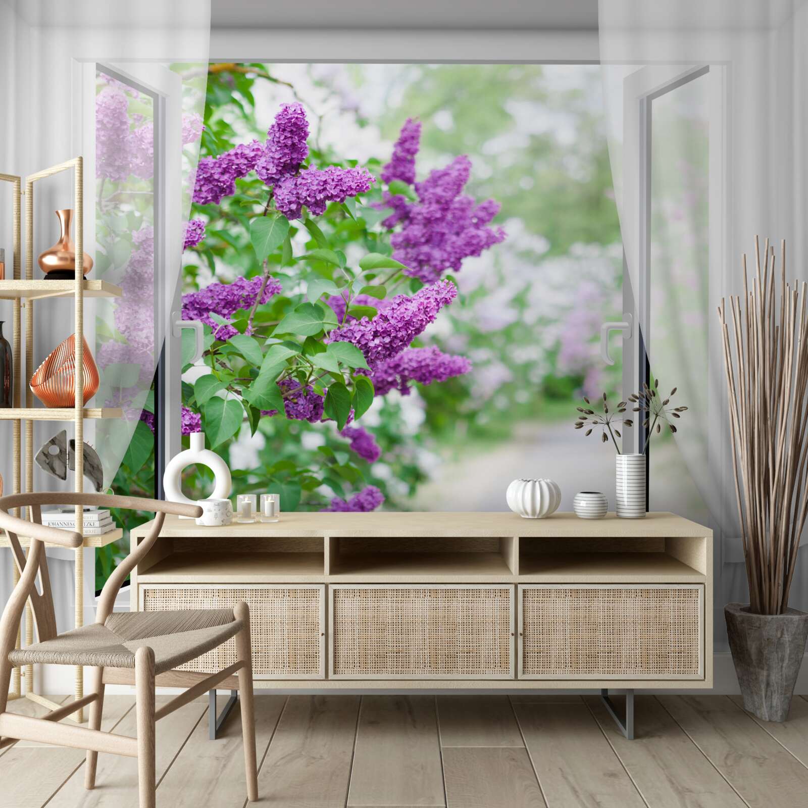 Fotobehang het witte raam is versierd met seringen