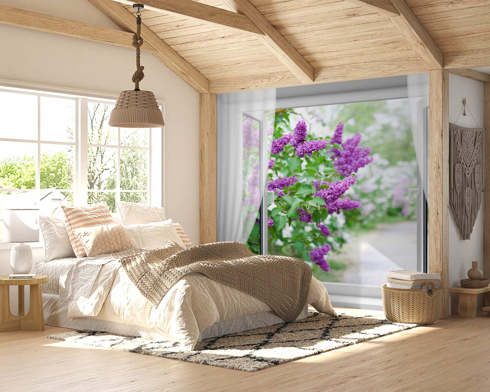 Fotobehang het witte raam is versierd met seringen