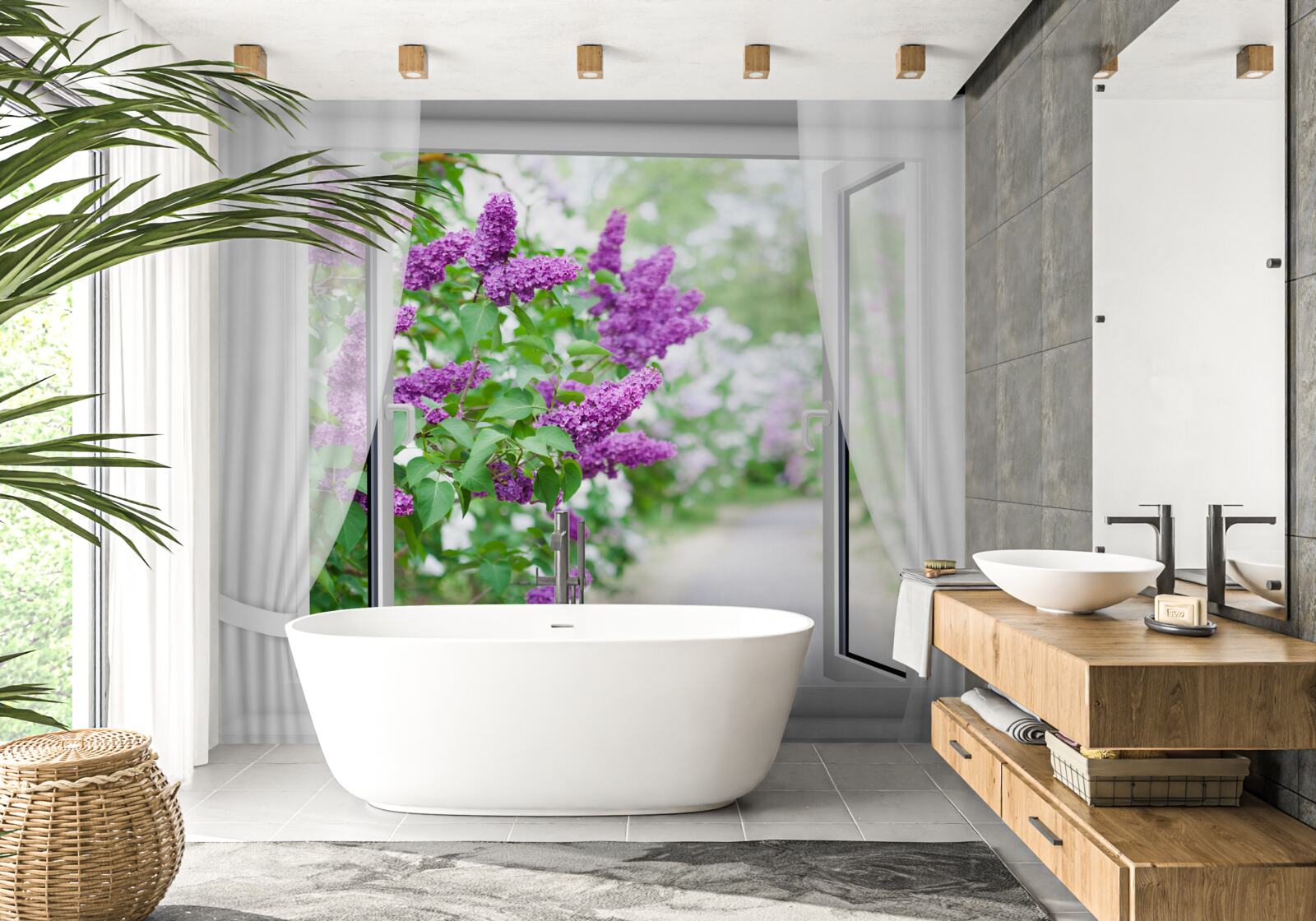 Fotobehang het witte raam is versierd met seringen