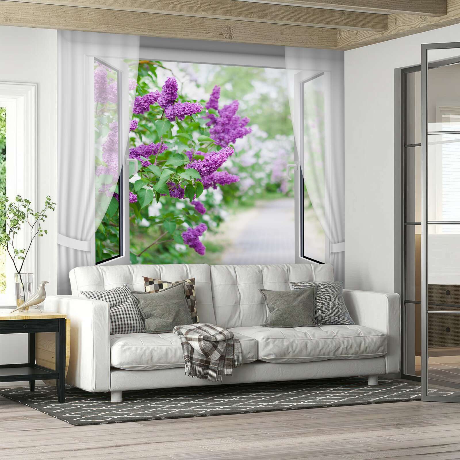 Fotobehang het witte raam is versierd met seringen