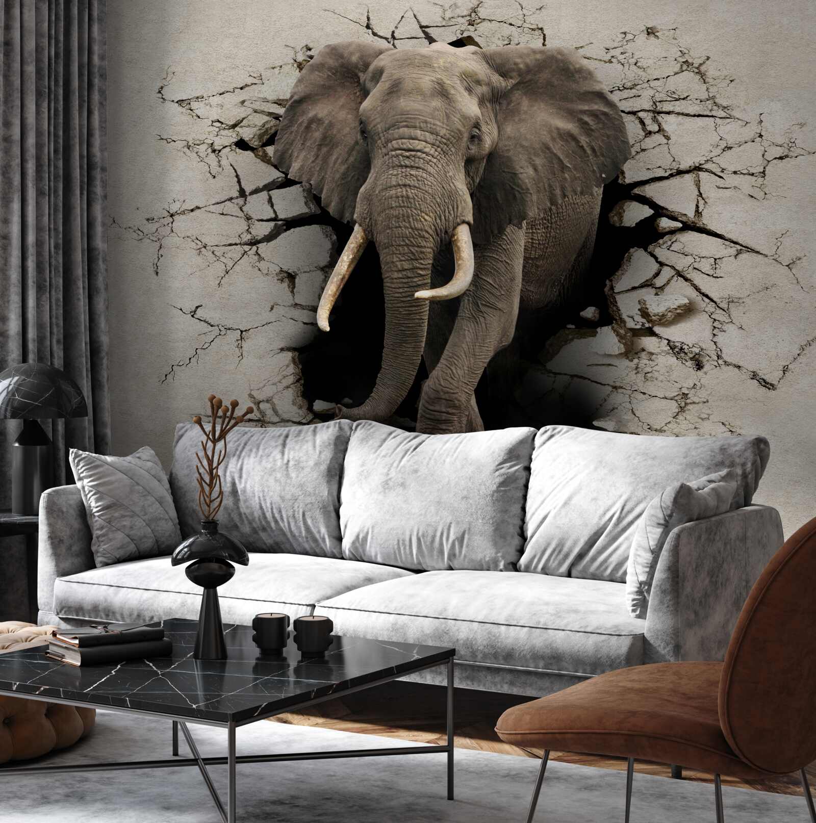 Fotobehang olifant gaat door een obstakel