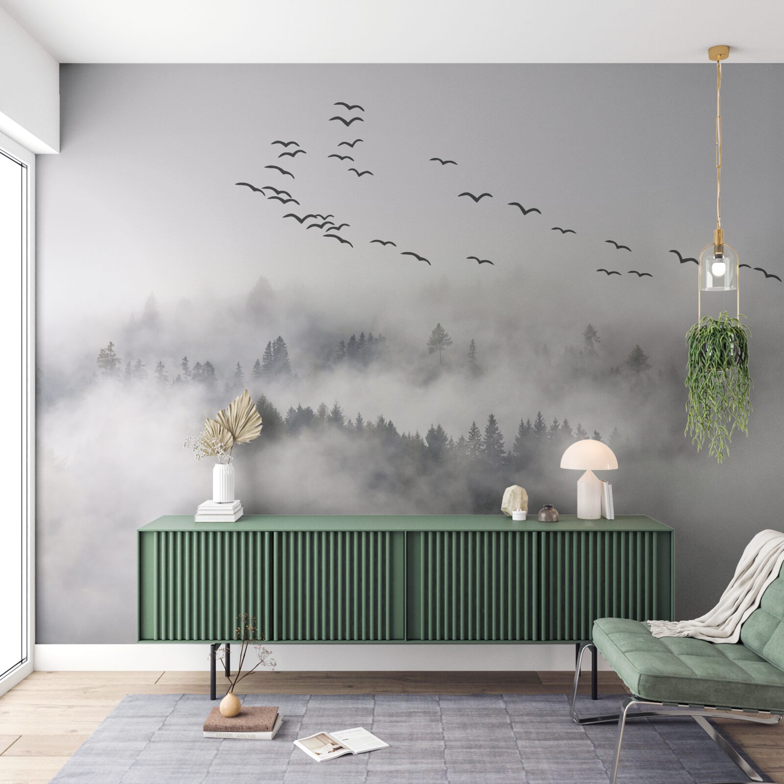 Fotobehang Een groep vogels vliegt uit de mist, op zoek naar een knus, warm land