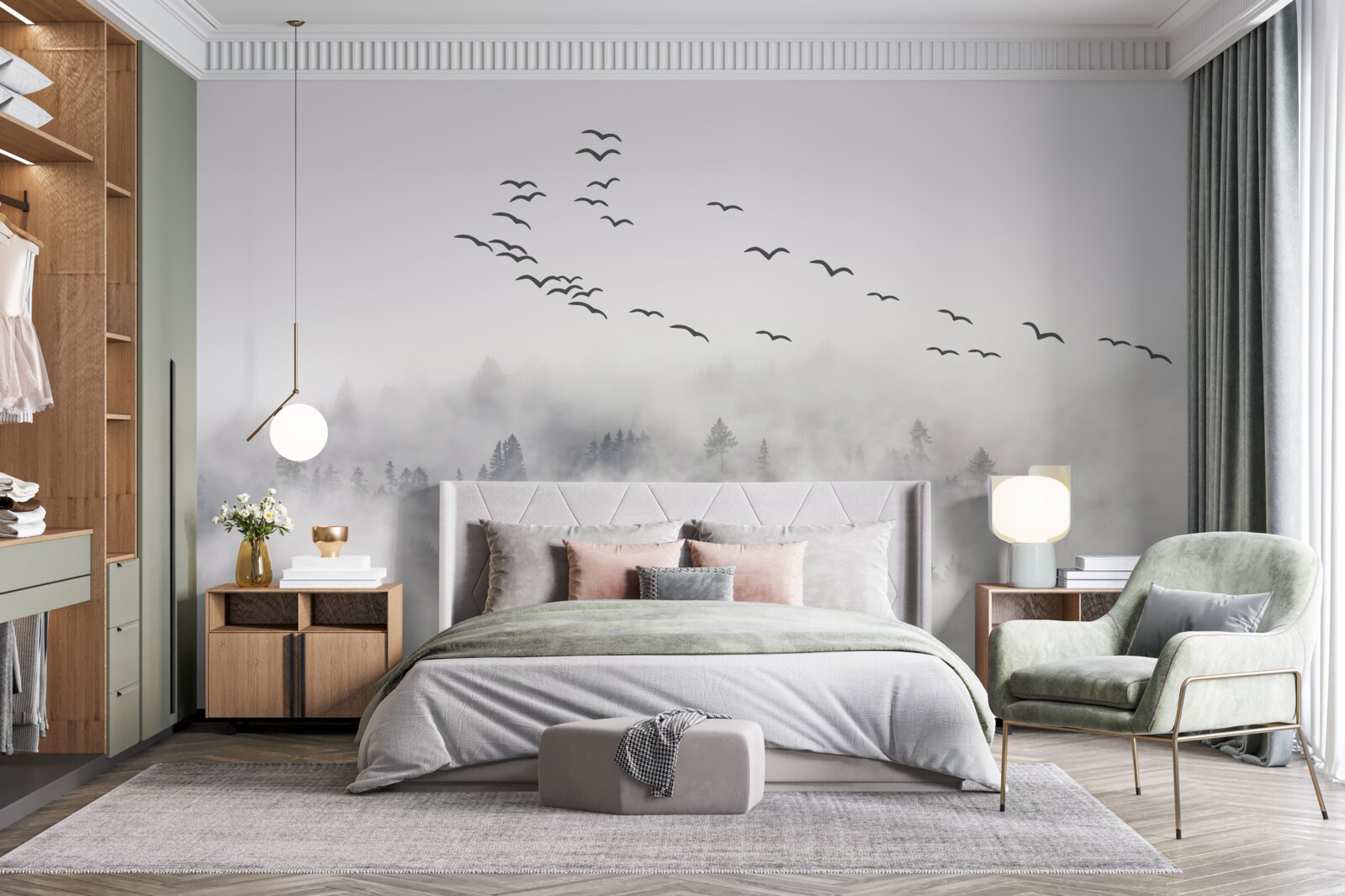 Fotobehang Een groep vogels vliegt uit de mist, op zoek naar een knus, warm land