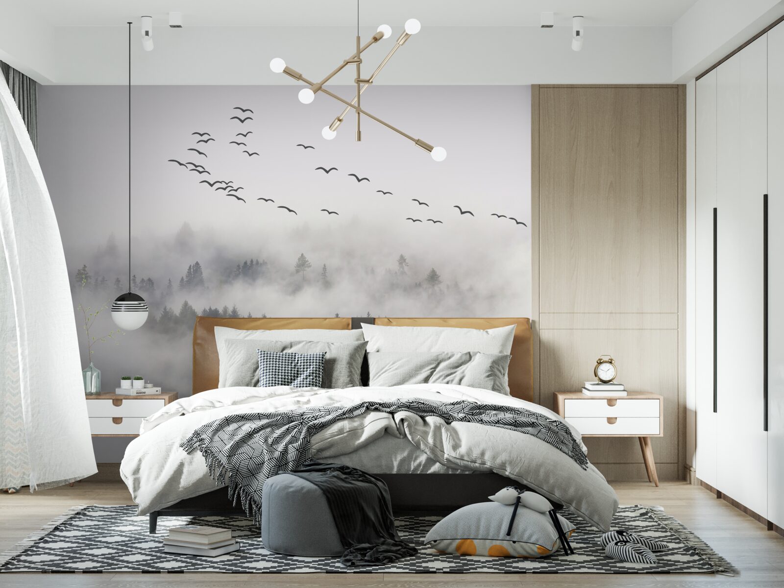 Fotobehang Een groep vogels vliegt uit de mist, op zoek naar een knus, warm land