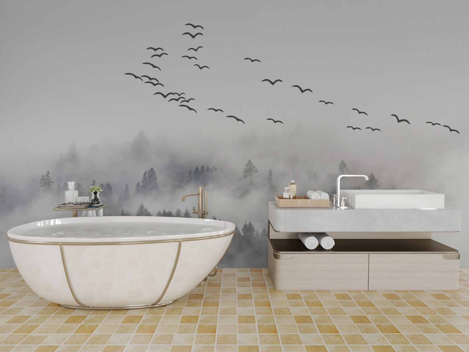 Fotobehang Een groep vogels vliegt uit de mist, op zoek naar een knus, warm land