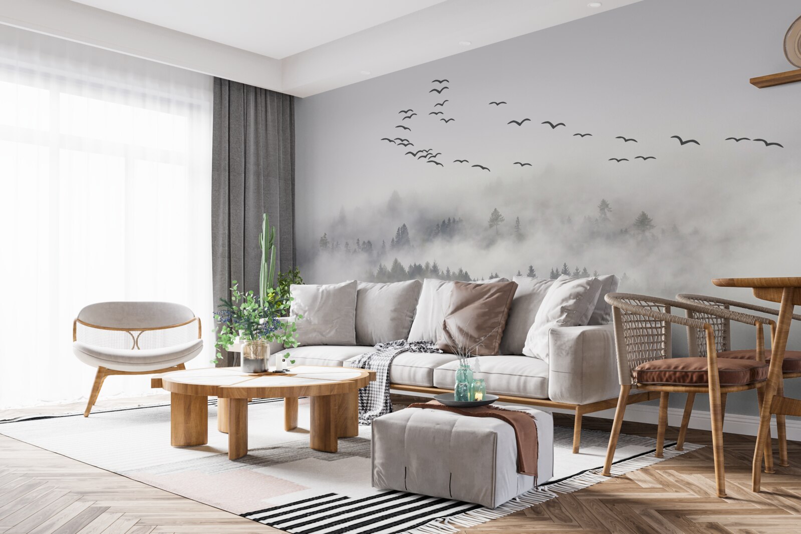 Fotobehang Een groep vogels vliegt uit de mist, op zoek naar een knus, warm land