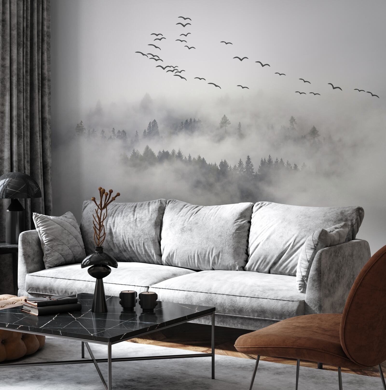 Fotobehang Een groep vogels vliegt uit de mist, op zoek naar een knus, warm land