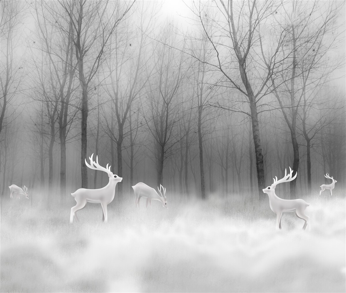 Fotobehang een groep herten dwaalt door een mistig bos