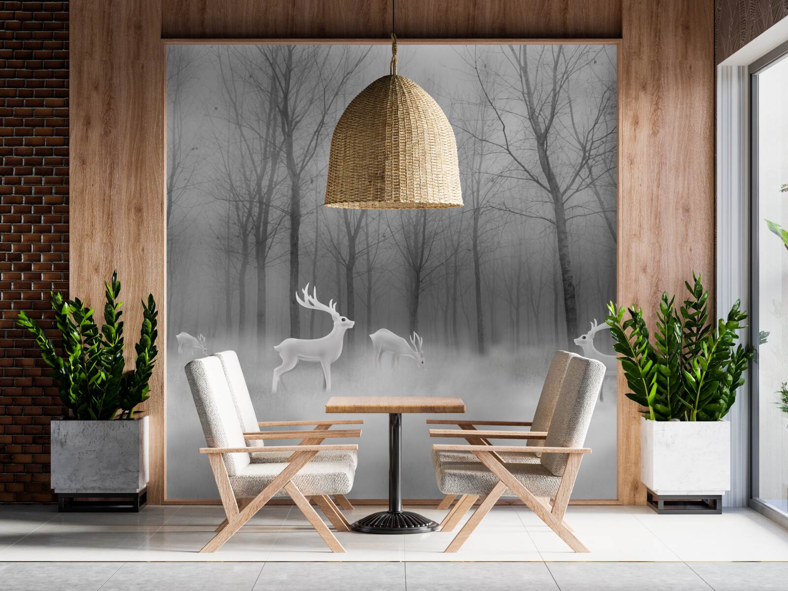 Fotobehang een groep herten dwaalt door een mistig bos