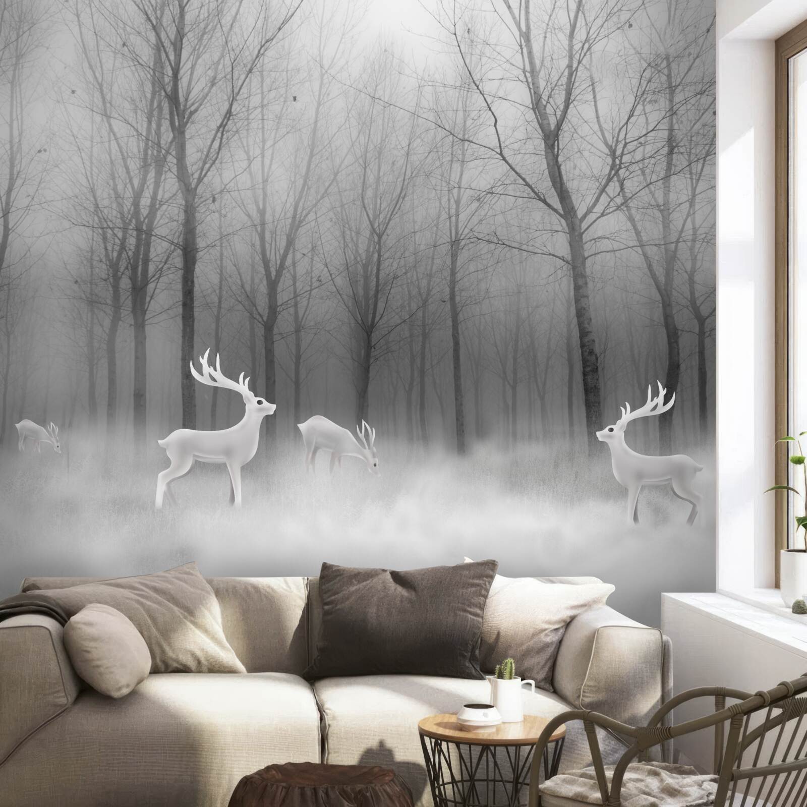 Fotobehang een groep herten dwaalt door een mistig bos