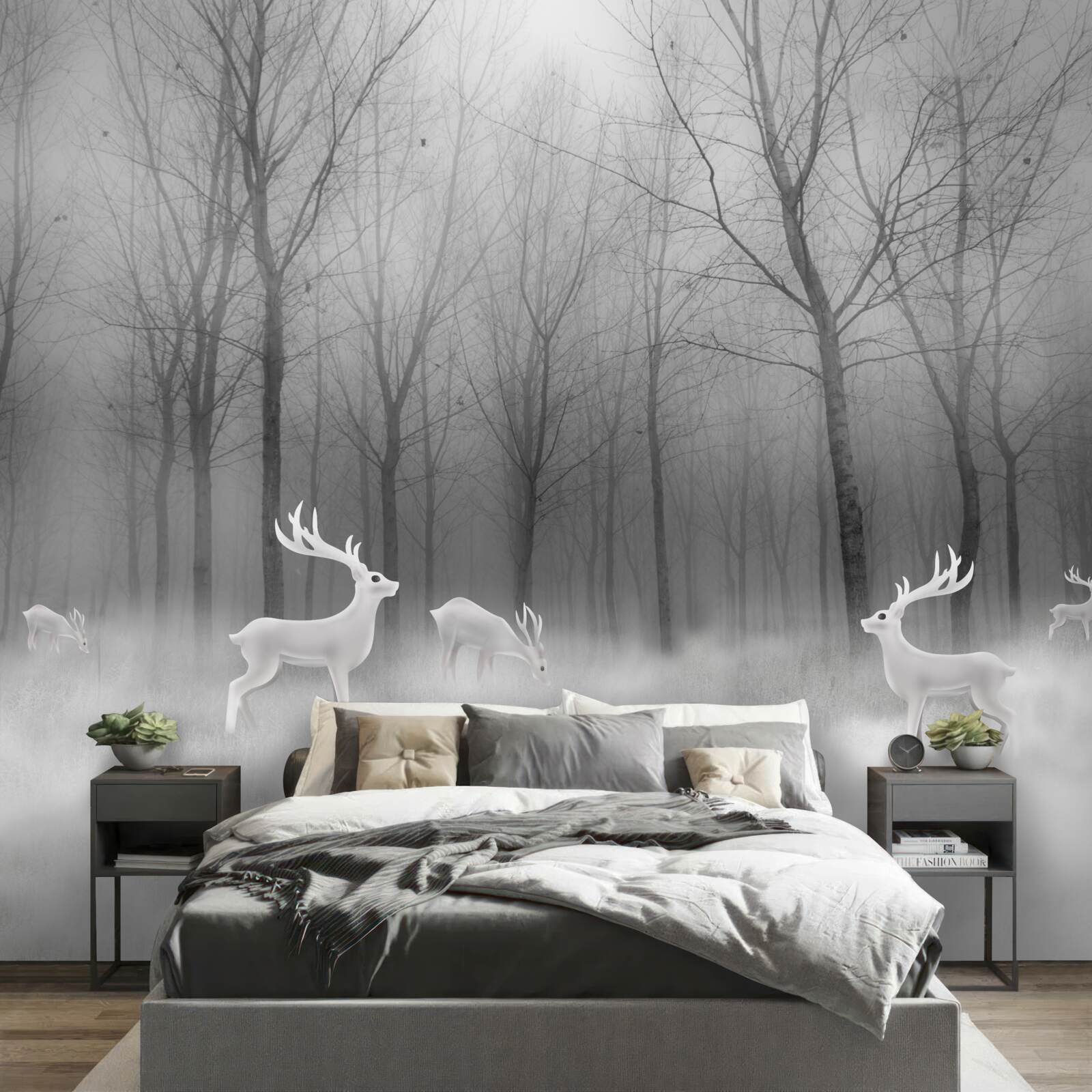 Fotobehang een groep herten dwaalt door een mistig bos