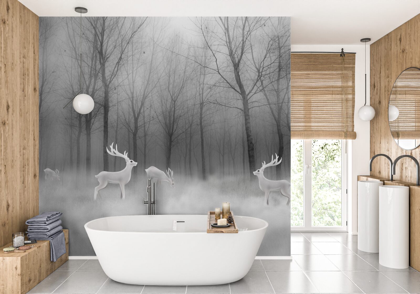 Fotobehang een groep herten dwaalt door een mistig bos