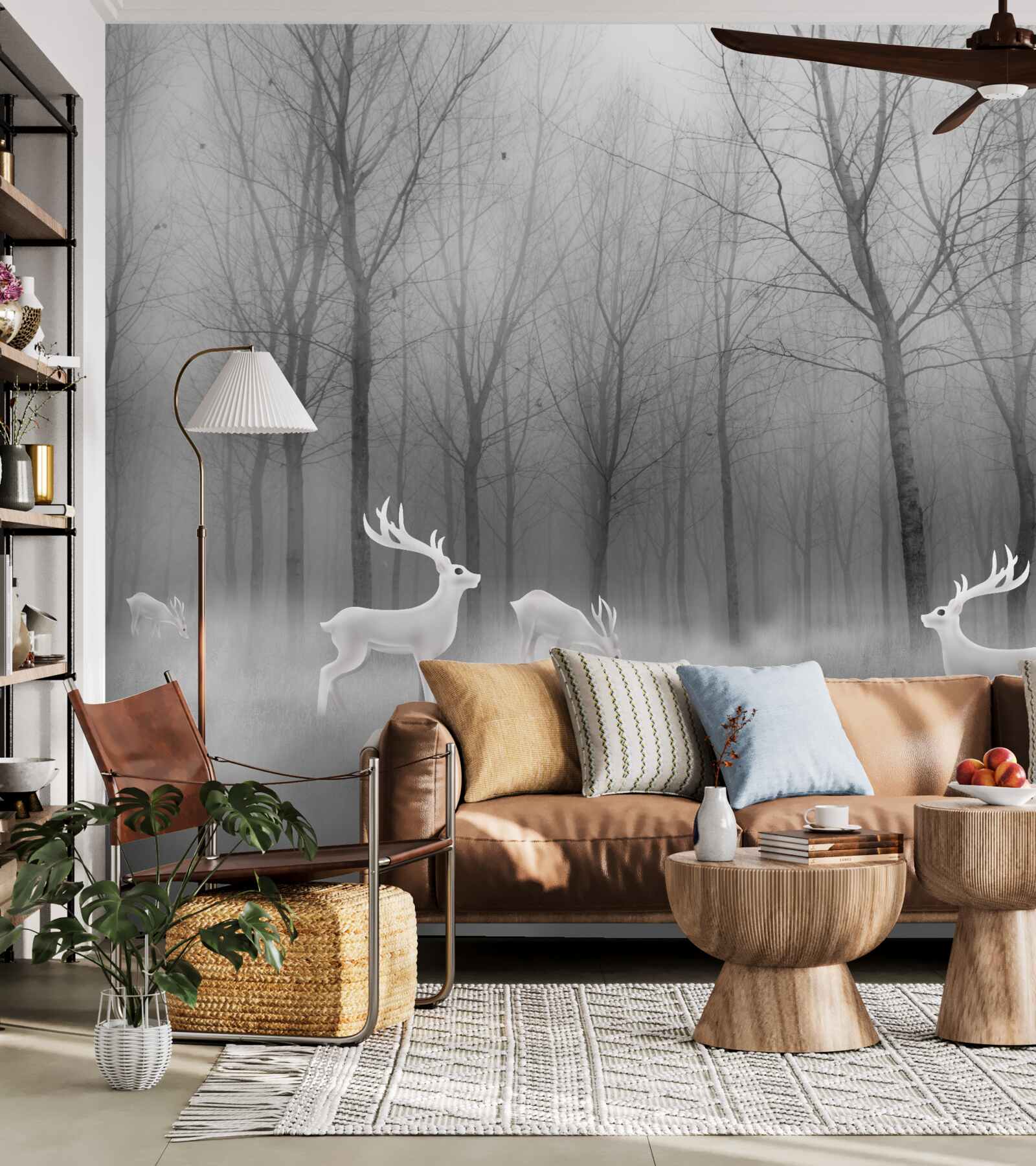 Fotobehang een groep herten dwaalt door een mistig bos