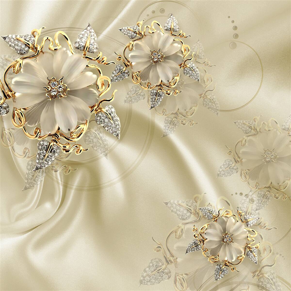 Fotobehang manchetknoop in de vorm van een bloem met bloemblaadjes op beige zijden stof