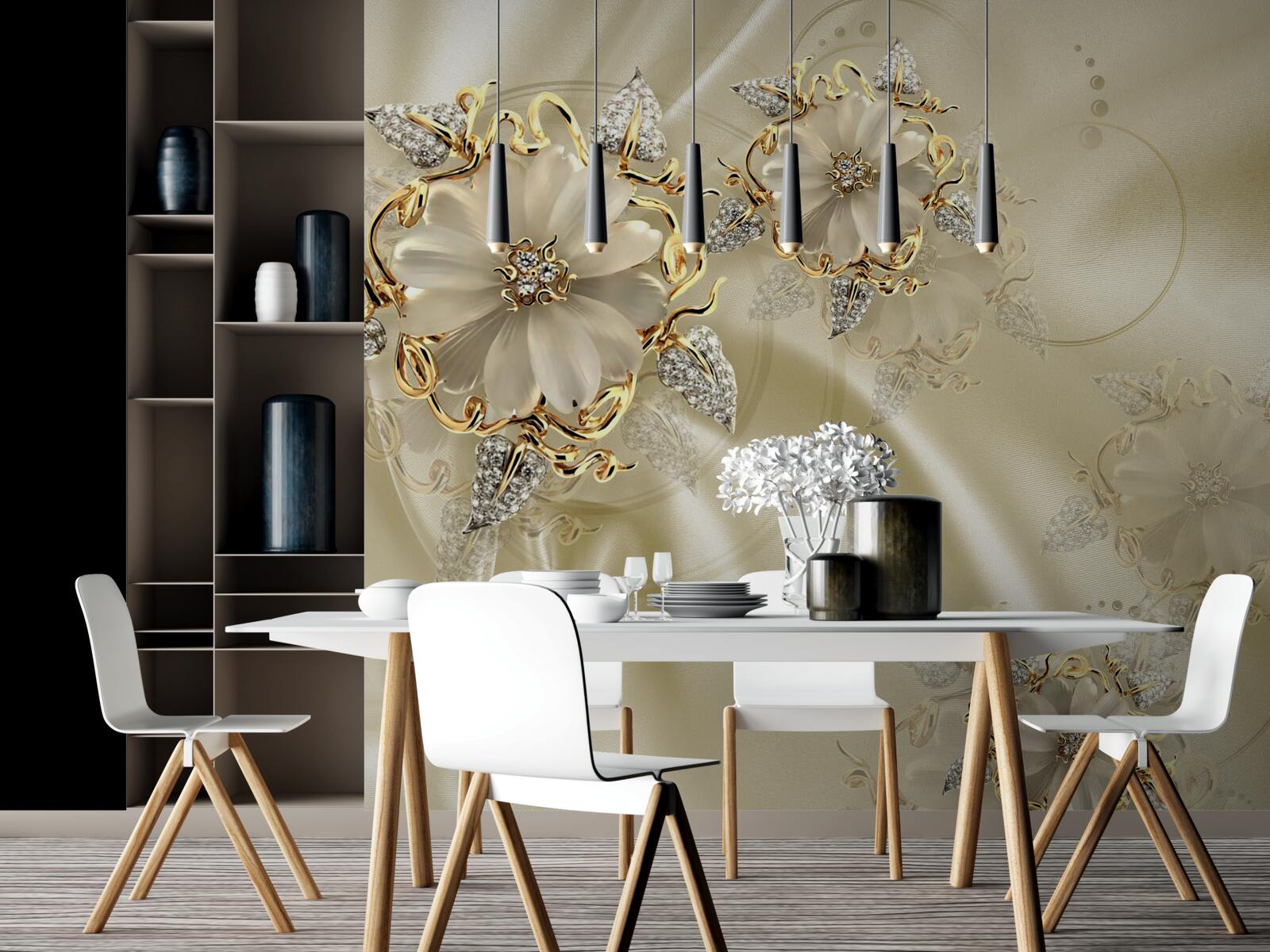 Fotobehang manchetknoop in de vorm van een bloem met bloemblaadjes op beige zijden stof