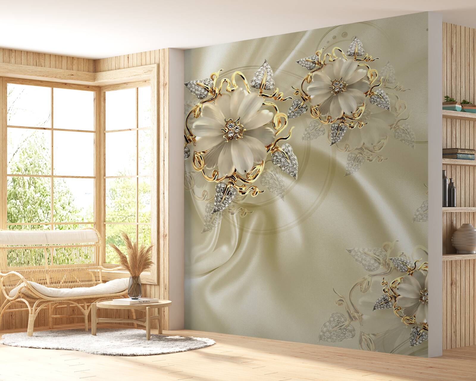 Fotobehang manchetknoop in de vorm van een bloem met bloemblaadjes op beige zijden stof