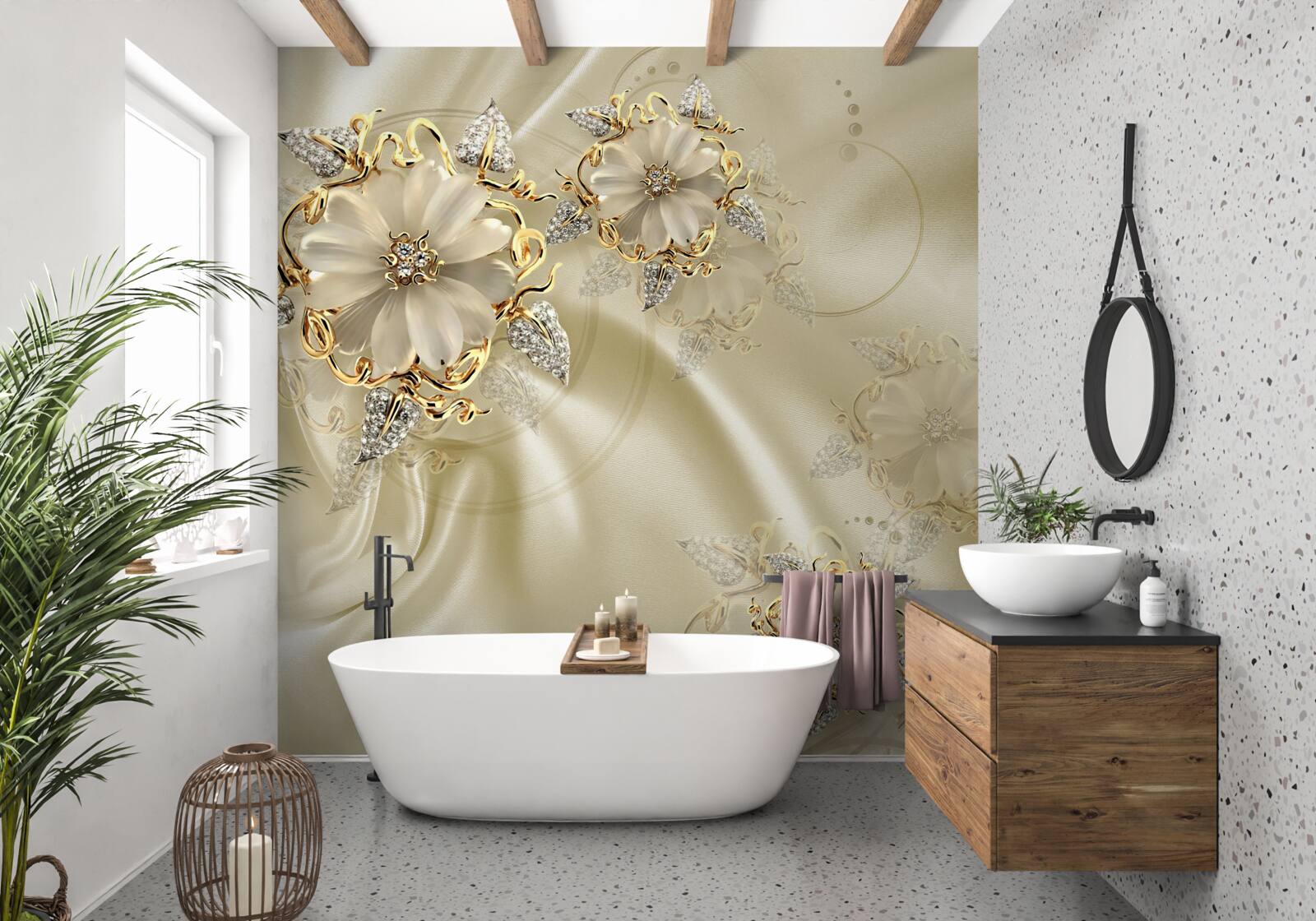 Fotobehang manchetknoop in de vorm van een bloem met bloemblaadjes op beige zijden stof