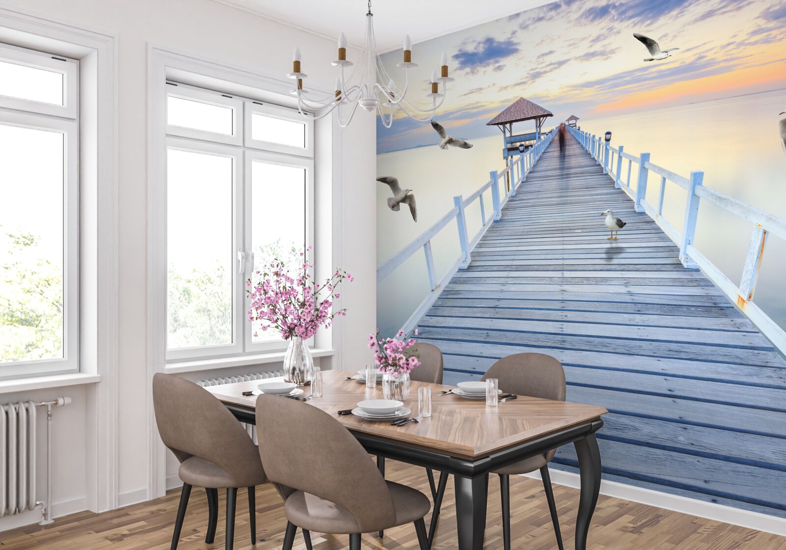 Fotobehang houten brug die naar de oceaan leidt