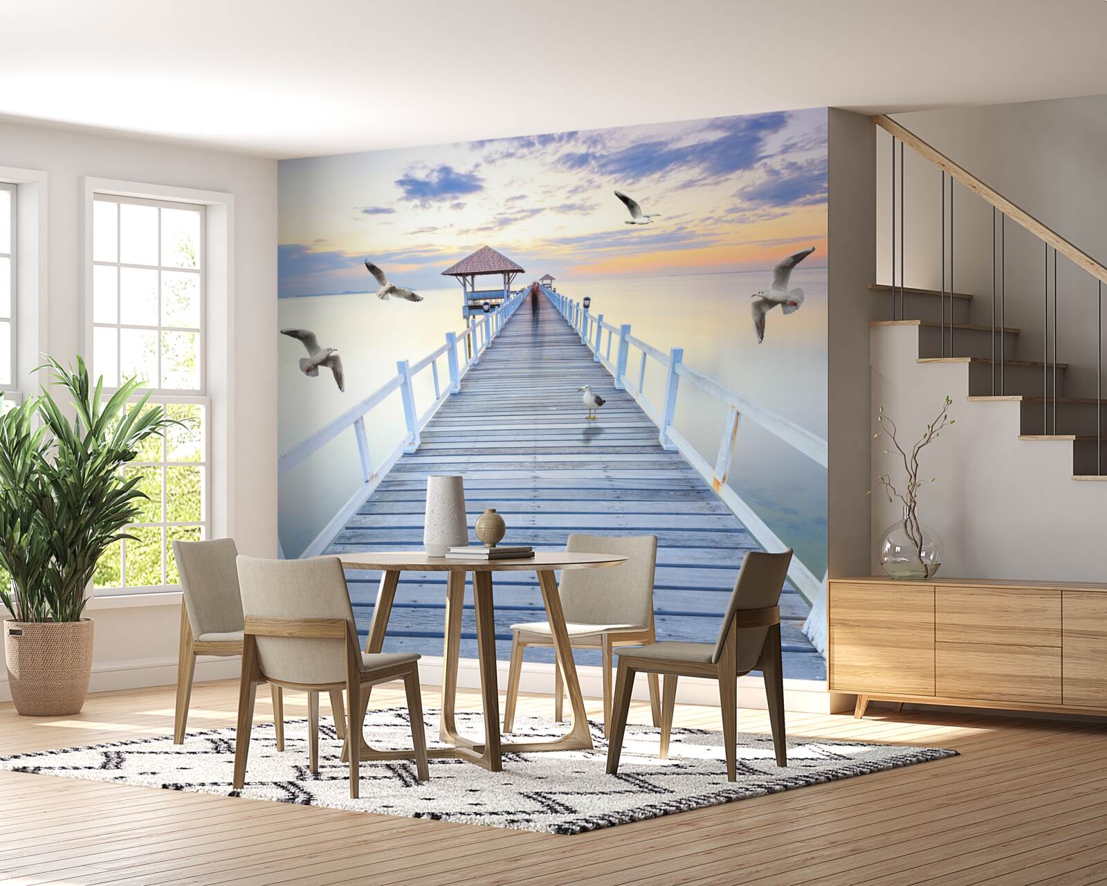 Fotobehang houten brug die naar de oceaan leidt