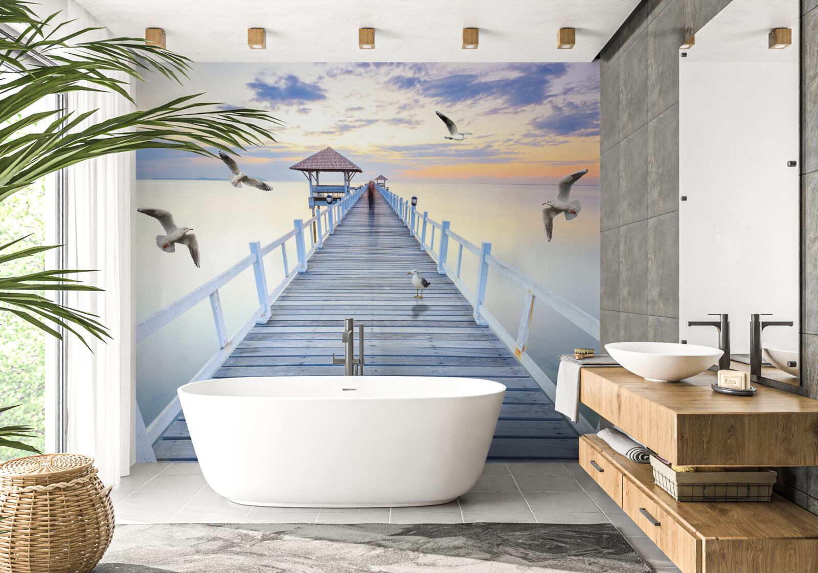 Fotobehang houten brug die naar de oceaan leidt