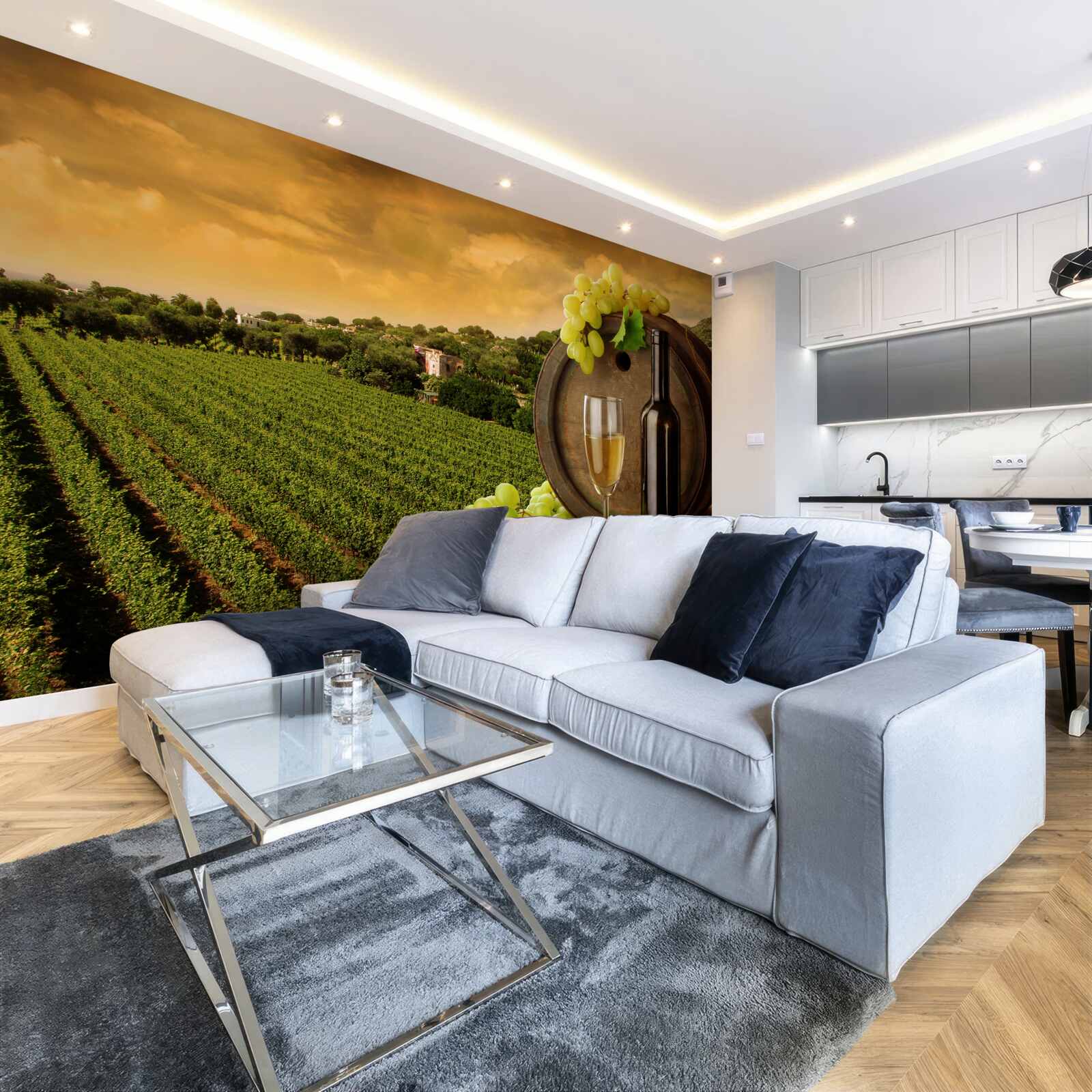 Fotobehang zonsondergang boven de wijngaarden