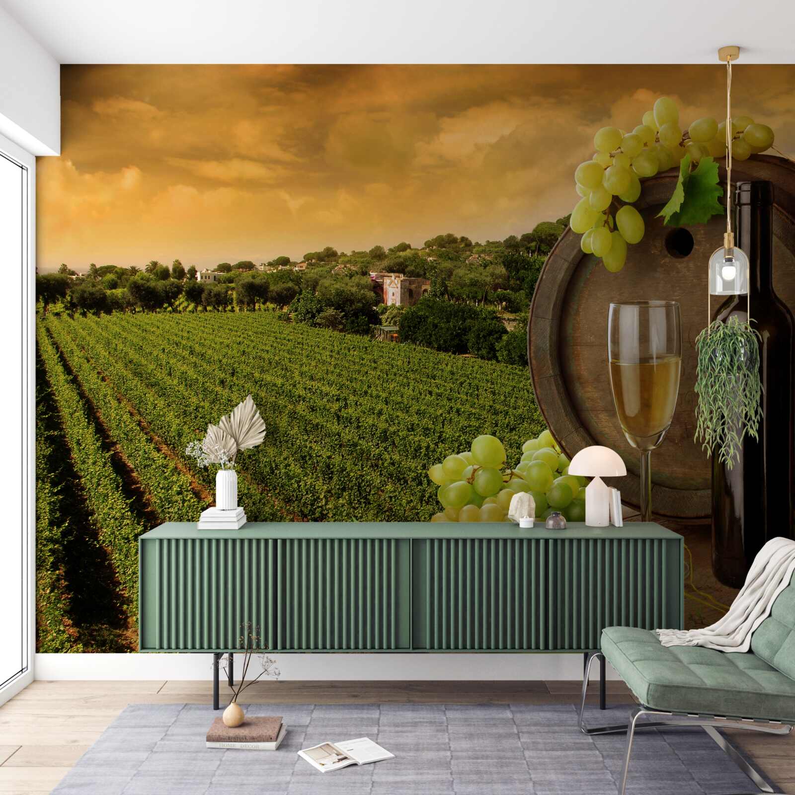 Fotobehang zonsondergang boven de wijngaarden