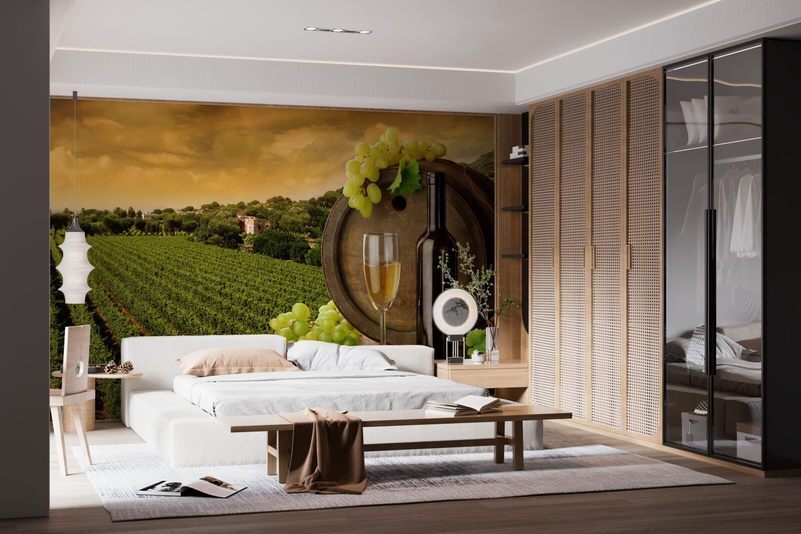 Fotobehang zonsondergang boven de wijngaarden