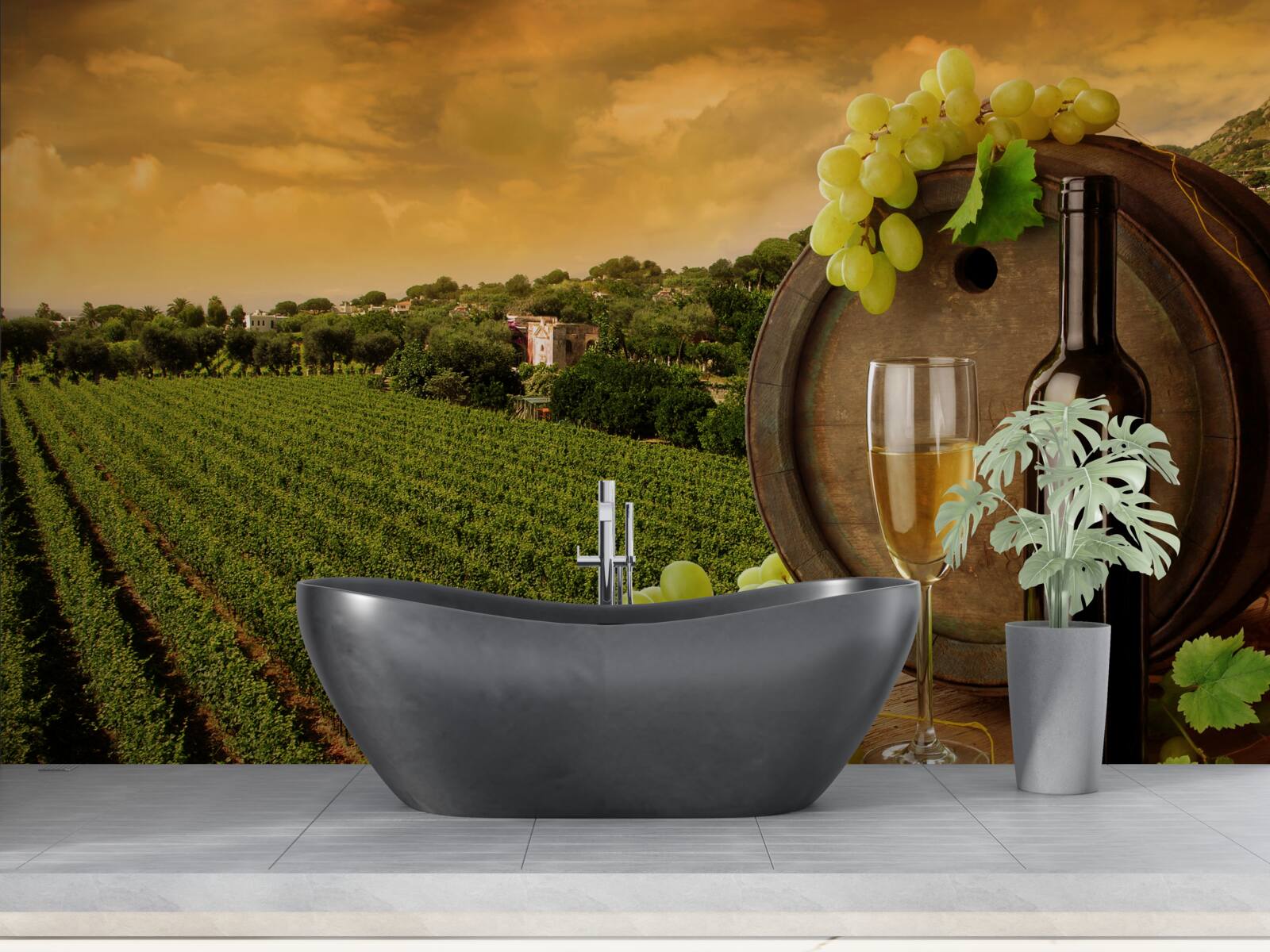 Fotobehang zonsondergang boven de wijngaarden