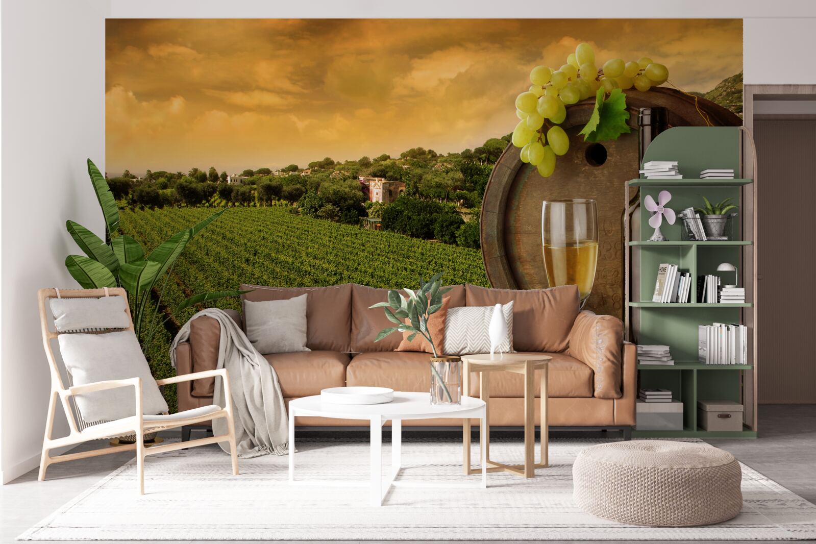 Fotobehang zonsondergang boven de wijngaarden