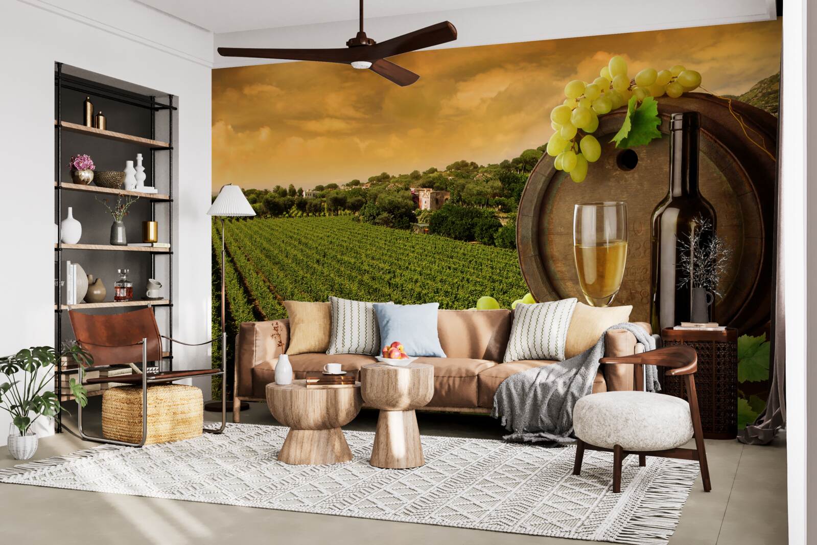 Fotobehang zonsondergang boven de wijngaarden