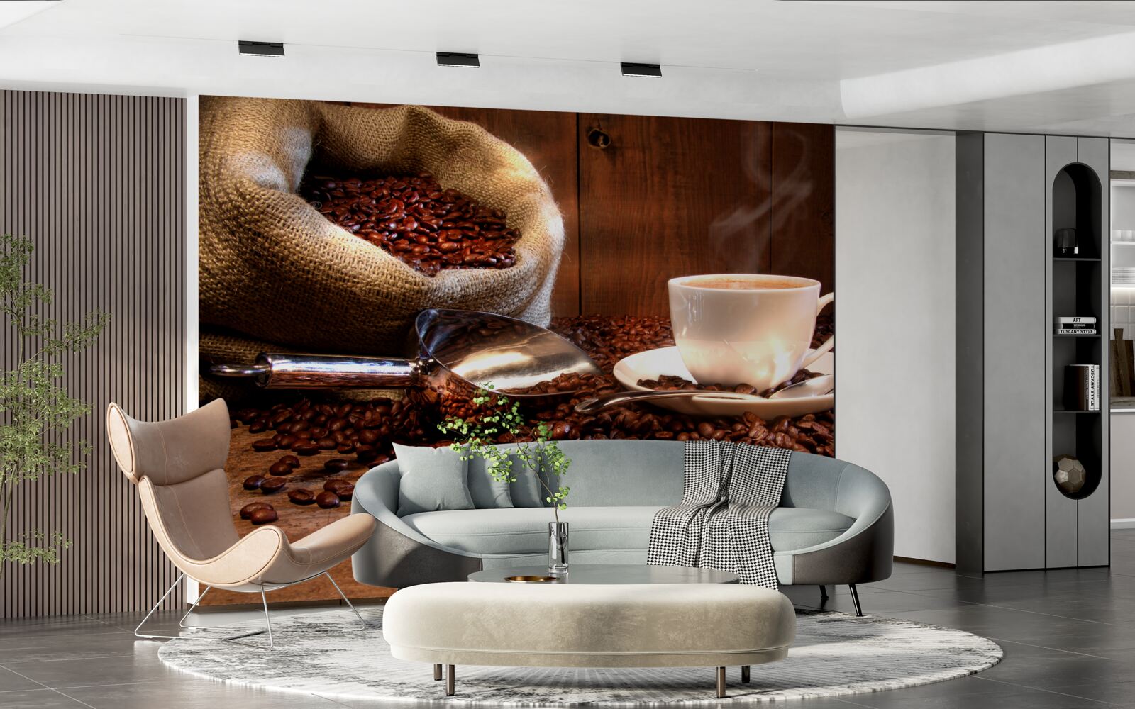 Fotobehang koffiebonen onder een kopje aromatische koffie