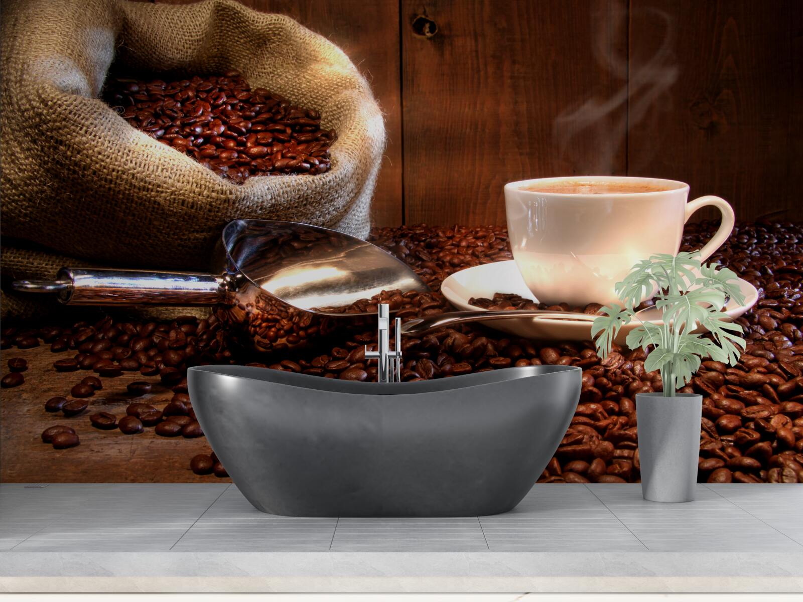 Fotobehang koffiebonen onder een kopje aromatische koffie