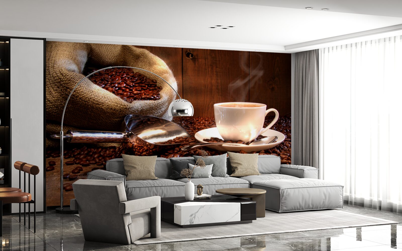 Fotobehang koffiebonen onder een kopje aromatische koffie