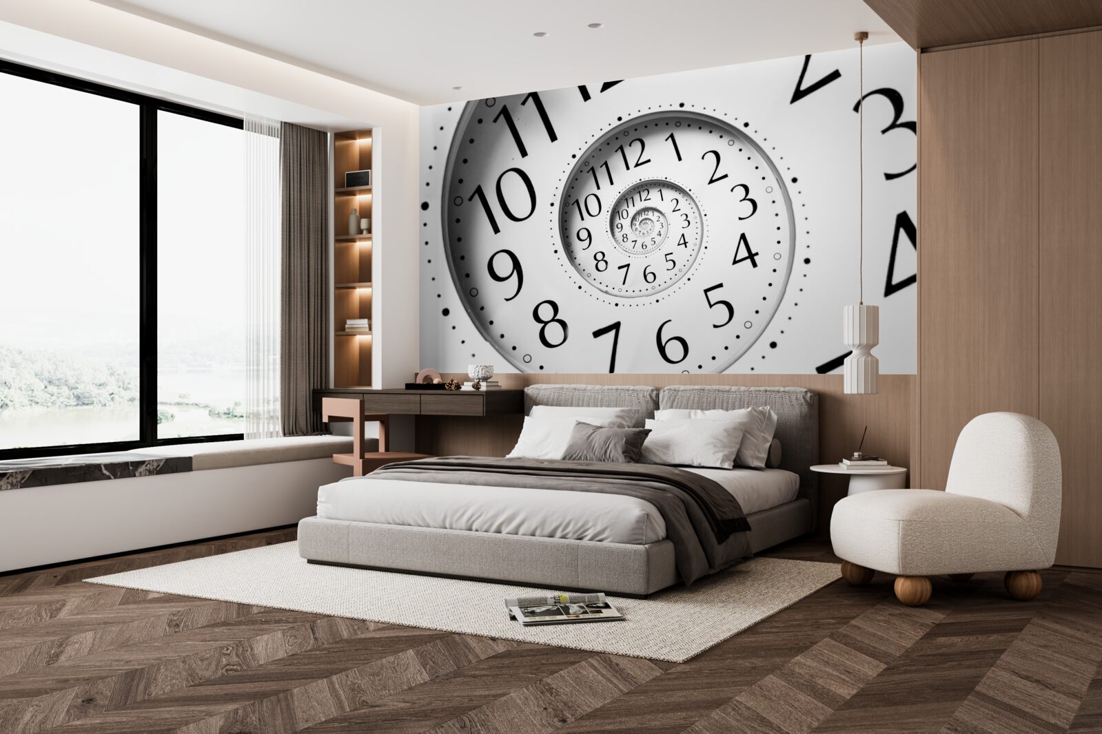 Fotobehang spiraalvormige klok in wit