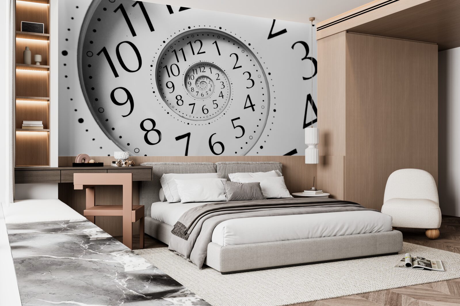 Fotobehang spiraalvormige klok in wit