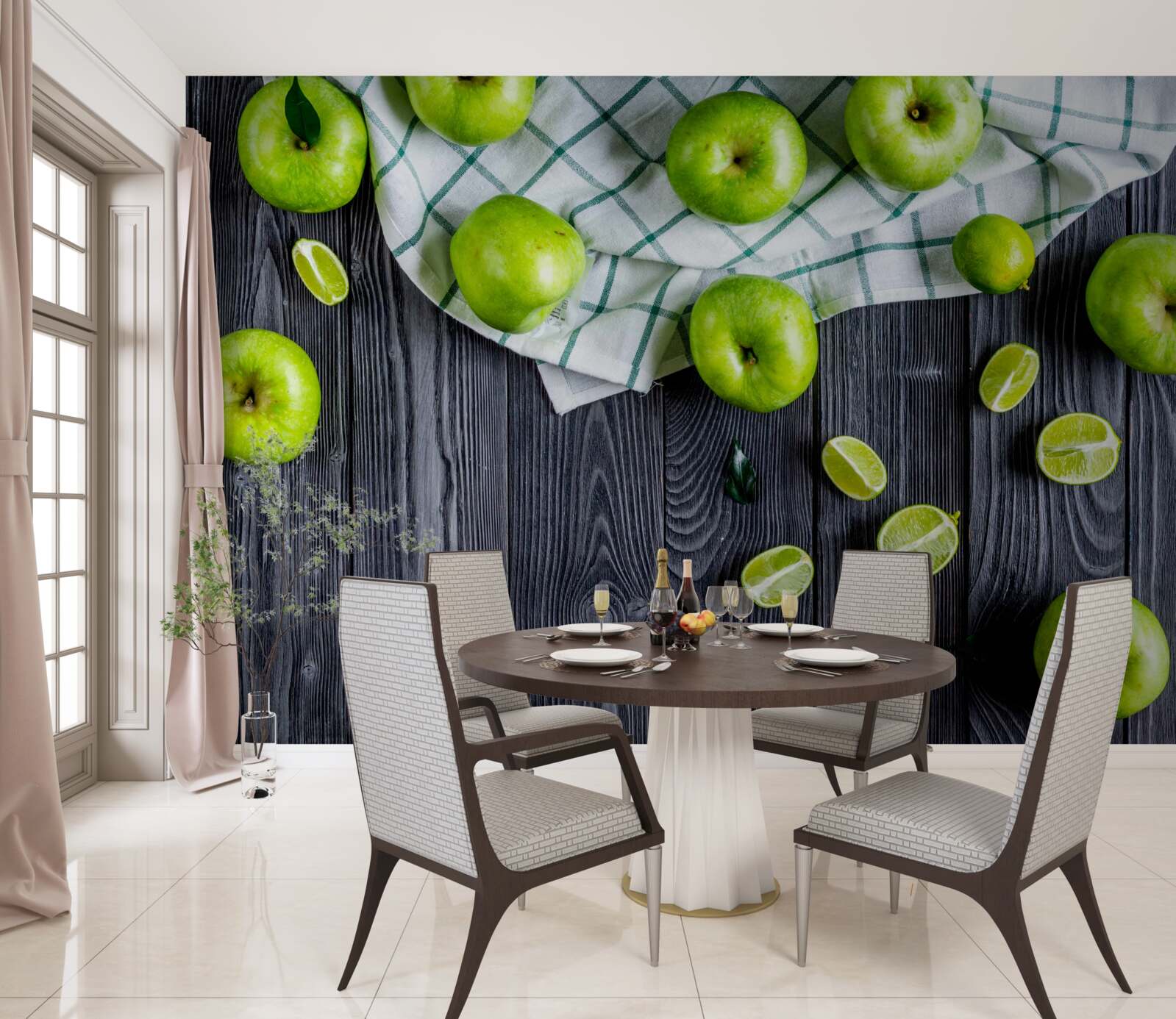 Fotobehang limoenen en groene appels staan op tafel