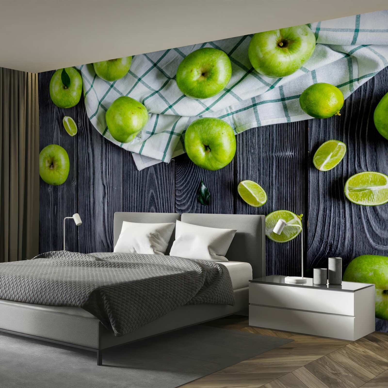 Fotobehang limoenen en groene appels staan op tafel