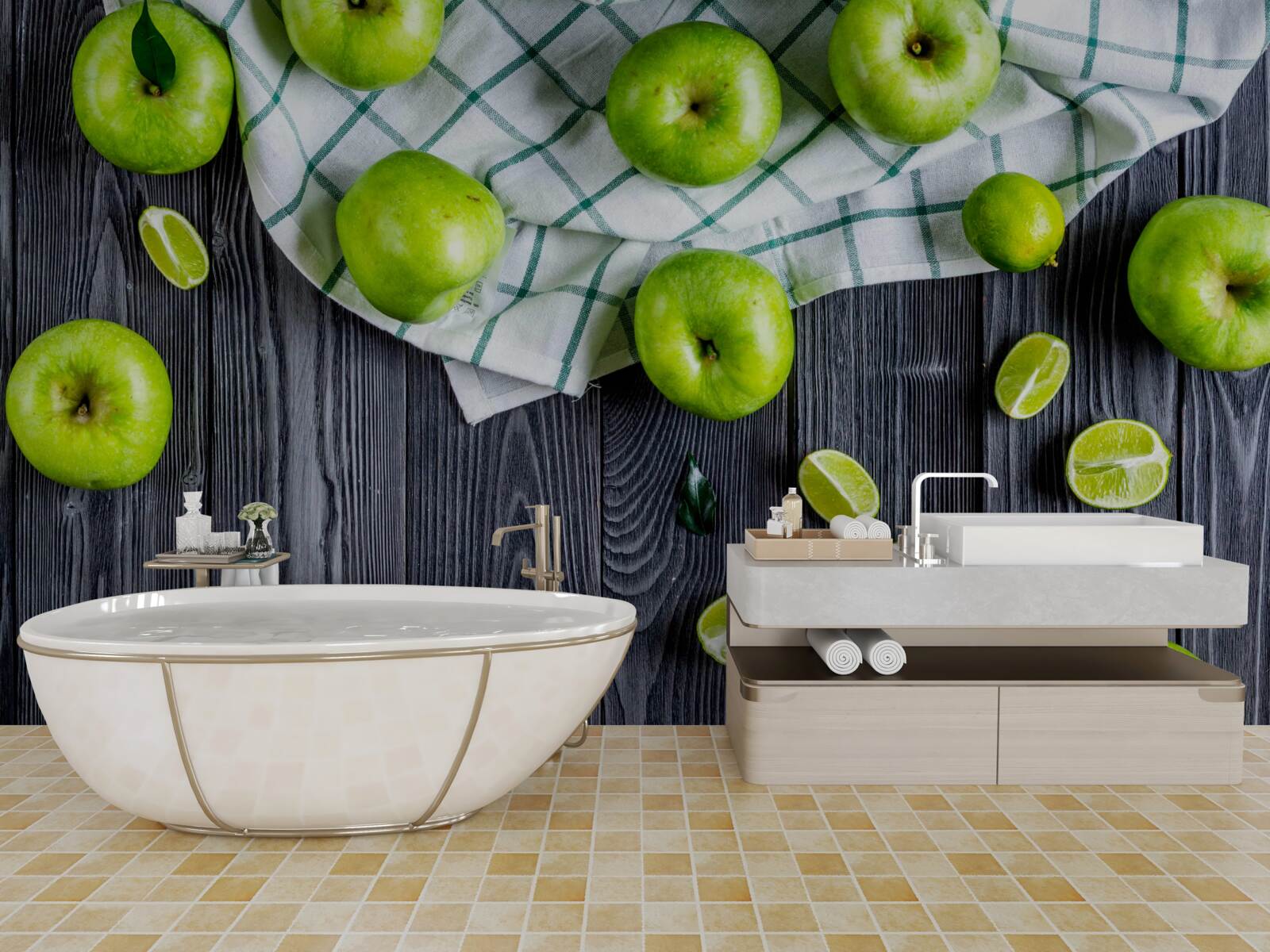 Fotobehang limoenen en groene appels staan op tafel