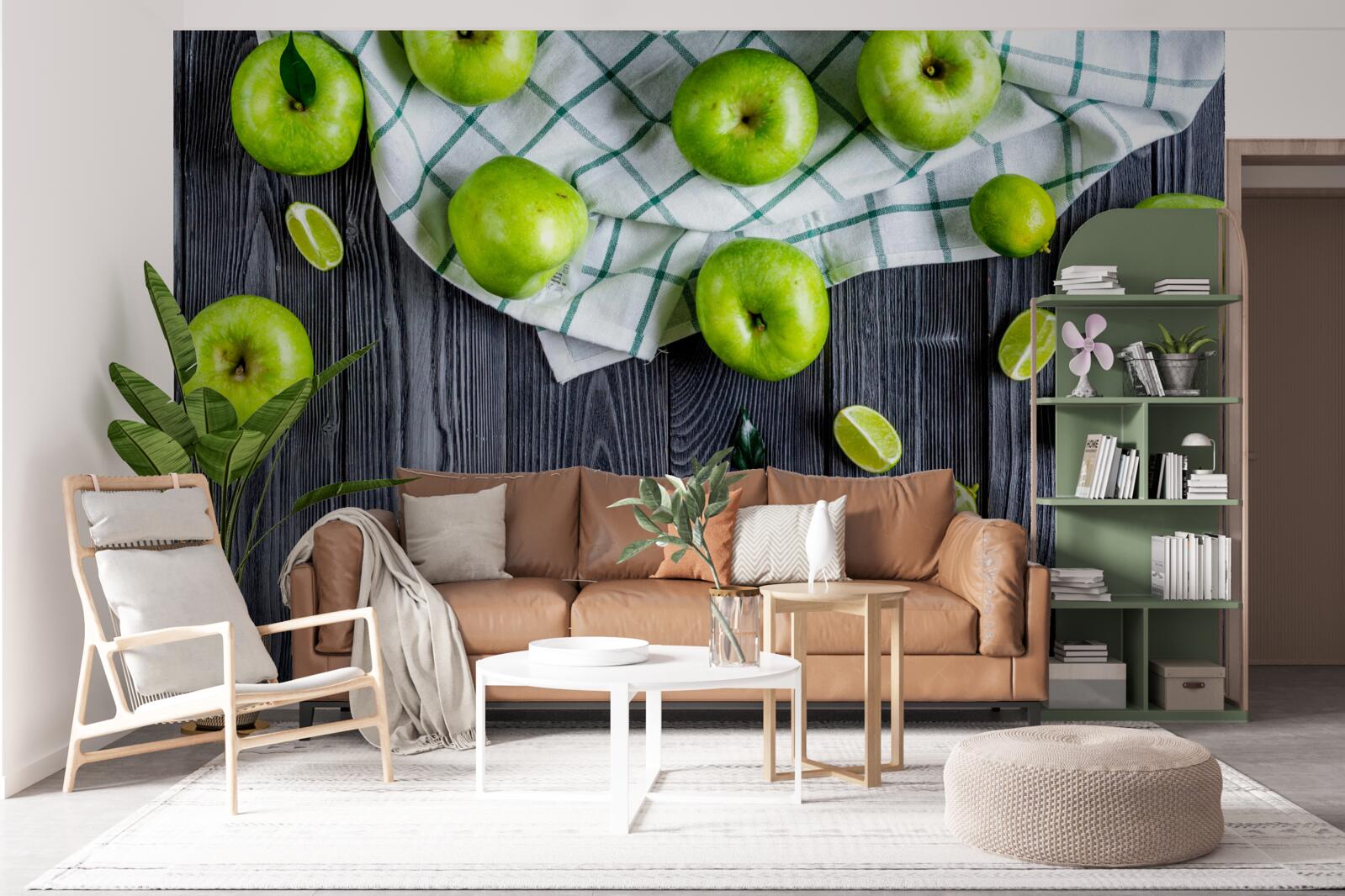 Fotobehang limoenen en groene appels staan op tafel