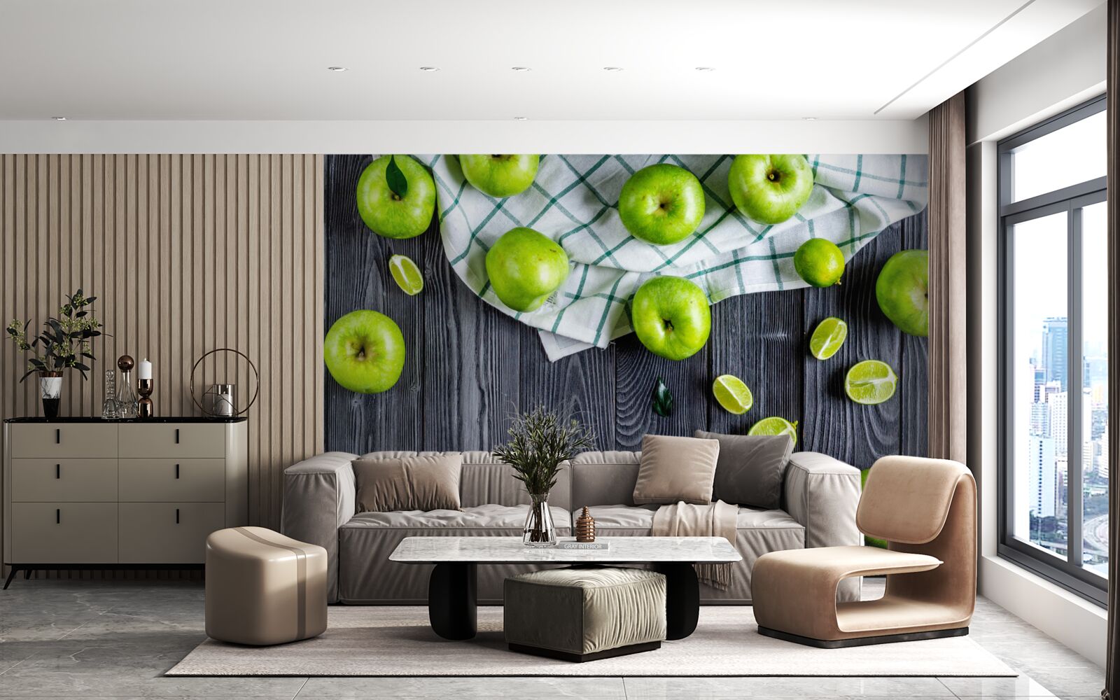 Fotobehang limoenen en groene appels staan op tafel