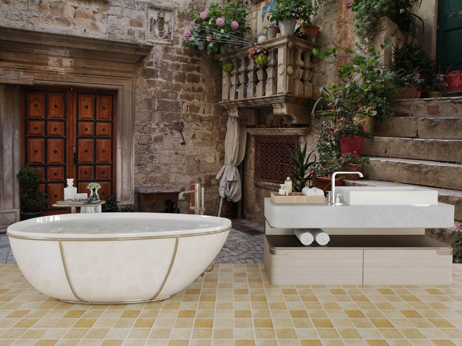 Fotobehang historische traptreden op de binnenplaats