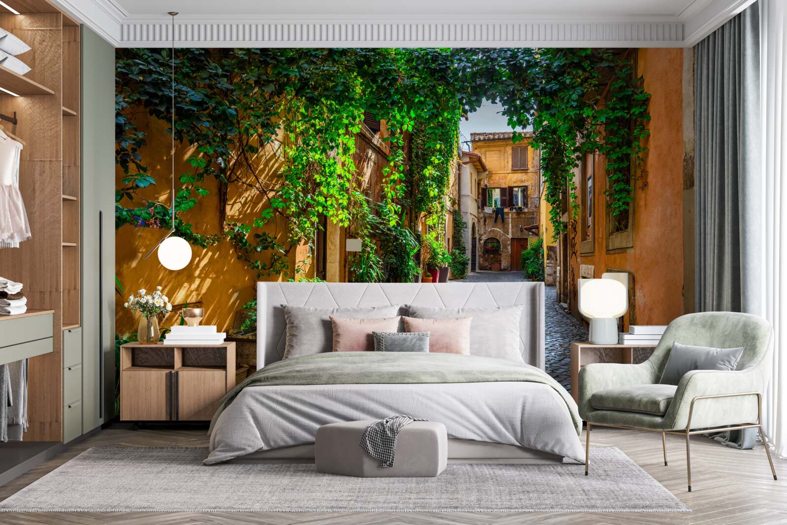 Fotobehang Italiaanse binnenplaats, omgeven door groen, is gevuld met comfort