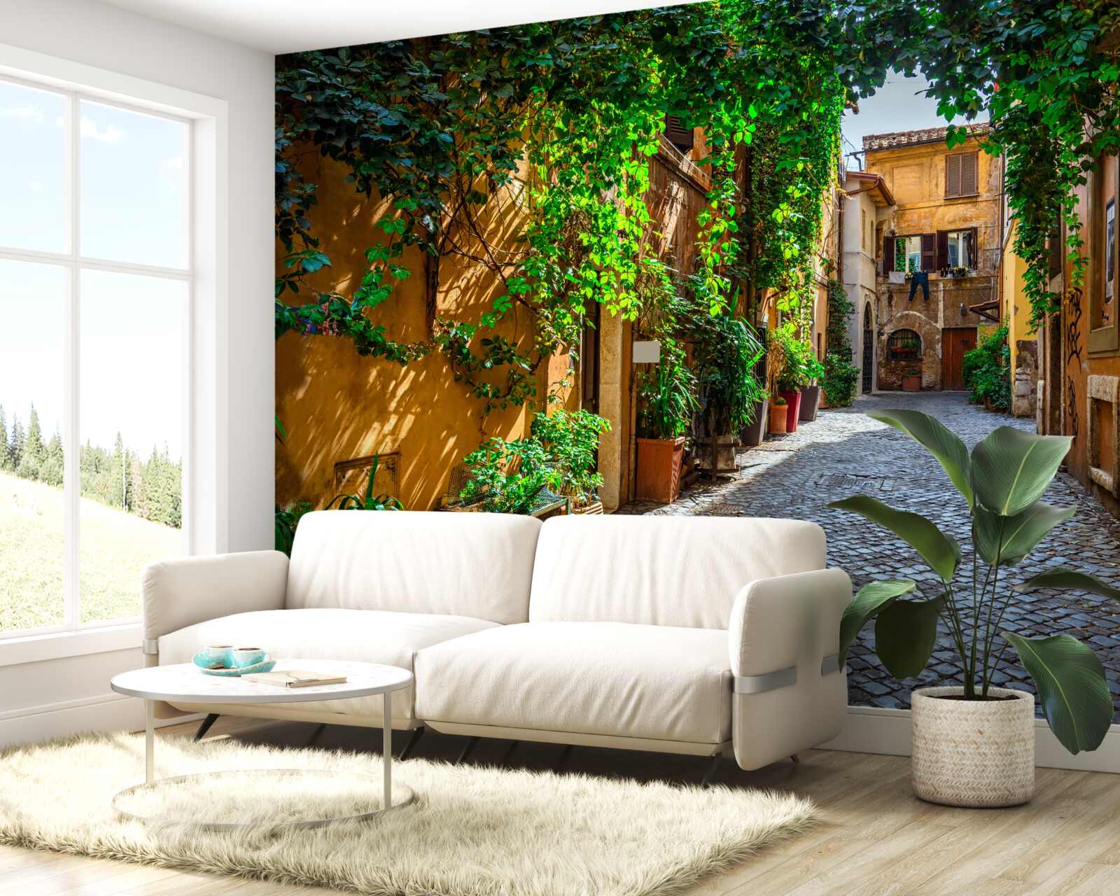 Fotobehang Italiaanse binnenplaats, omgeven door groen, is gevuld met comfort