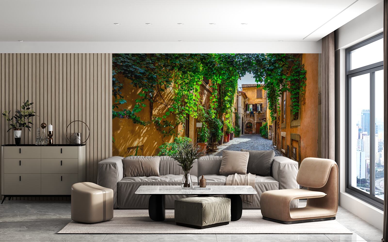 Fotobehang Italiaanse binnenplaats, omgeven door groen, is gevuld met comfort