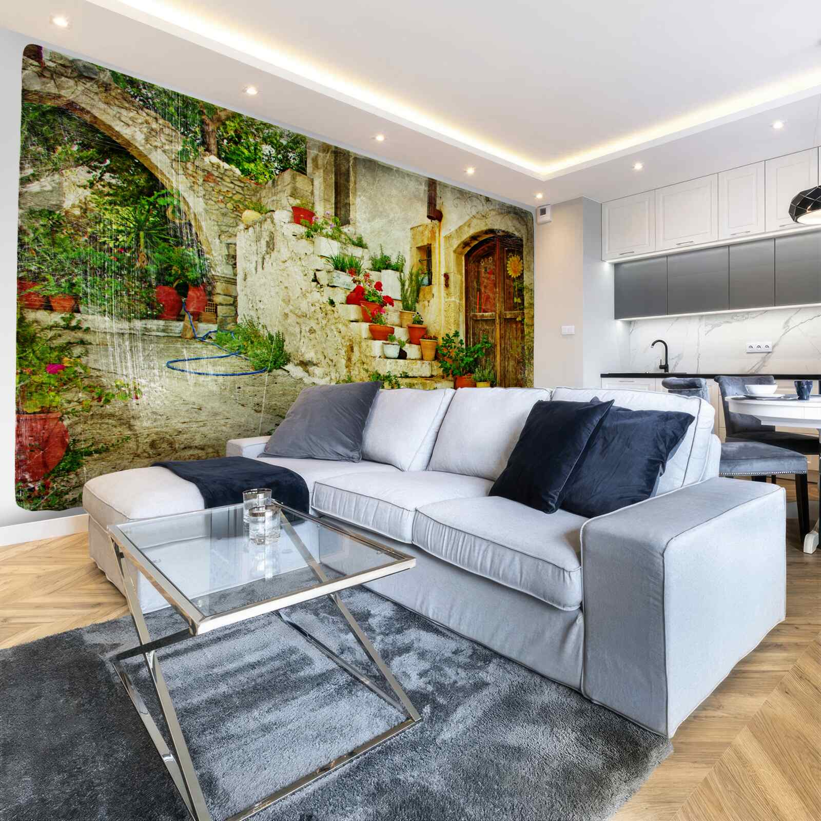 Fotobehang bloempotten op de stenen trap