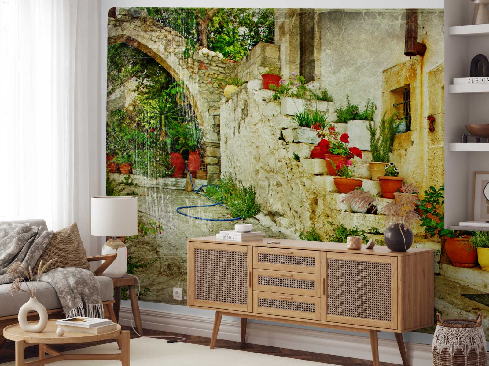 Fotobehang bloempotten op de stenen trap